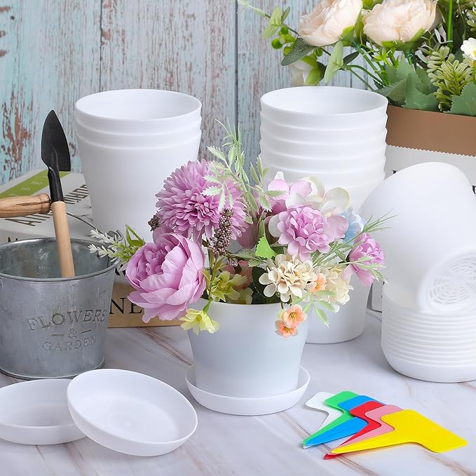 Aodaer 16 Pack 4 Inch Plastic Planters with Multiple Drainage Holes and Tray Indoor Outdoor Flower Plant Nursery Pots with Labels Flower Seedling Pots for Herb Garden Home Succulents, White