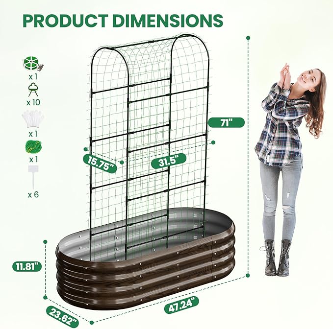 SUNYRISY 2Pack Galvanized Raised Garden Bed with 71in Arch Trellis for Climbing Plants, Outdoor Planter Box with Climbing Net for Gardening Flowers Vegetables Fruits Herbs, Wood Grain