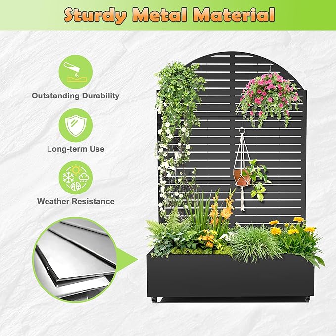 Metal Raised Garden Bed with Trellis, 2-in-1 Planter Box & Privacy Screen for Climbing Plants, Outdoor Standing Flower Bed with Drainage Holes, 47.2" L x 16.7" W x 70.8" H, Black-Louvered