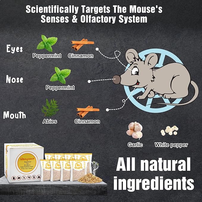 Natural Mouse Repellent Pouches with Peppermint Oil - Indoor Outdoor Rodent Repellent Deterrent for Home Garage Car - 10 Pack Effective Mice Control Safe for Pets and Kids