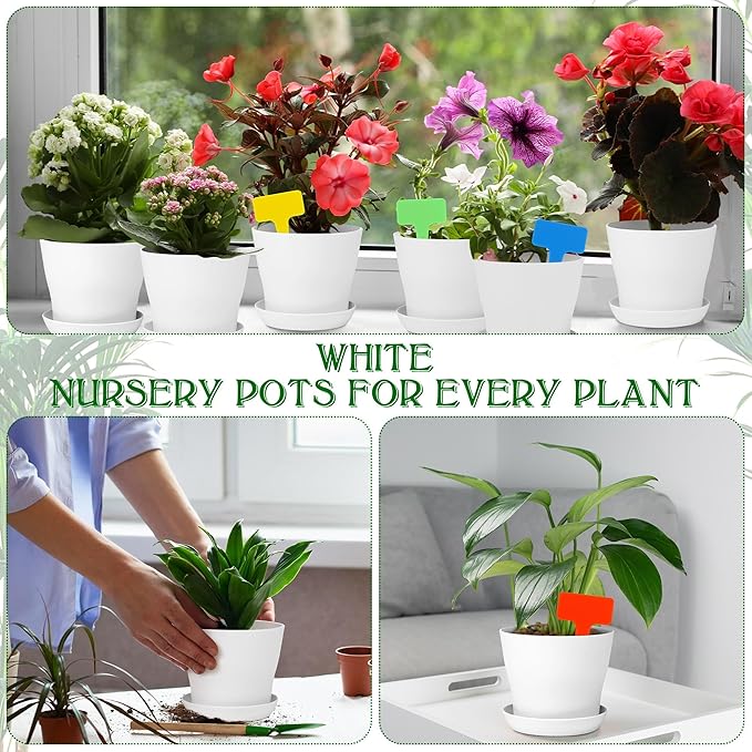 Aodaer 24 Pack 4 Inch Plastic Planters with Multiple Drainage Holes and Tray Indoor Outdoor Flower Plant Nursery Pots with Labels Flower Seedling Pots for Herb Garden Home Succulents, White
