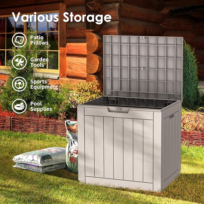 35 Gallon Lockable Resin Outdoor Storage Box, Waterproof & Weather Resistant Deck Box for Patio Cushion, Garden Tools & Pool Accessories, Grey