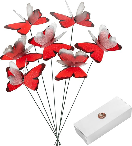 Handmade Red Butterfly Garden Stakes - Set of 7 Premium 3D Hand-Painted Butterflies with Fluttering Spring Movement, Weatherproof Metal Rod, Outdoor Indoor Decor, Ideal Gift