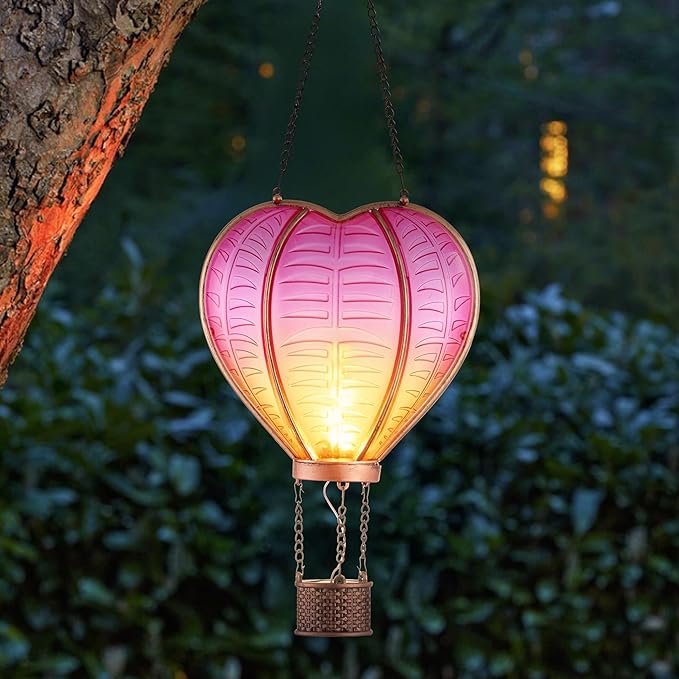TERESA'S Collections Hot Air Balloon Solar Lantern for Garden , Flickering Flame Hanging Solar Lights,Heart Shape Lantern for Anniversary Wedding Decor