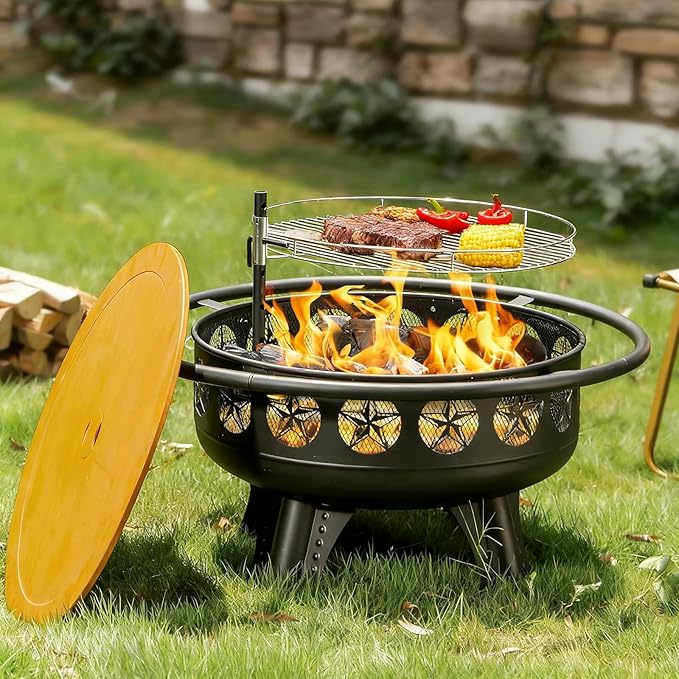 32 Inch Fire Pit with Swivel Cooking Grate,3-in-1 Wood Burning Firepit with Grill,Outdoor Fire Pits Table with Metal Lid and Poker for Outside Patio Backyard BBQ Bonfire Camping (32 Inch)
