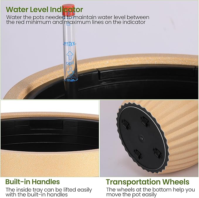23" Tall Planters Set of 2, Large Indoor & Outdoor Self-Watering Flower Pots with Drainage, Water Level Monitor & Wheels, Planters for Patio, Porch, Living Room, Home Office