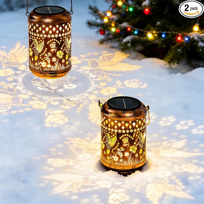 Hummingbird Gifts Outdoor Solar Lanterns, 2 Pack Garden Decor for Outside, Hanging Solar Lanterns Decorative Gifts for Women Birthday Unique Vintage Table Metal Lights for Yard, Patio, Balcony
