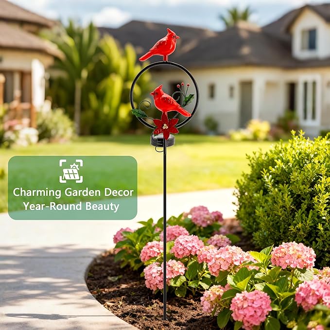Cardinal Solar Christmas Lights Outdoor with Holly Berries, Solar Powered Waterproof Garden Stake for Patio Yard Decor, Memorial Gift for Mom & Grandma