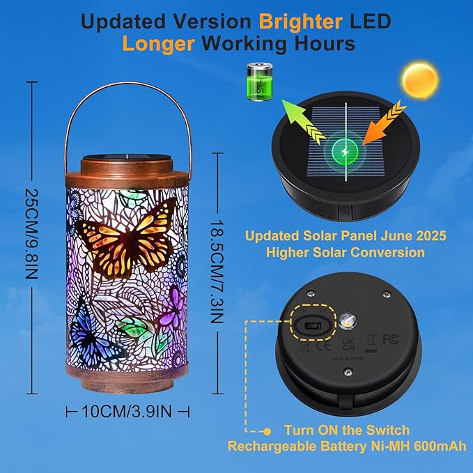 2Pack Solar Outdoor Lanterns Waterproof Butterfly Colorful Garden Gifts for Women, Multicolor Solar Outside Lights Lantern for Yard, Backyard, Porch, Mothers Day Gifts for Mom Grandma Wife
