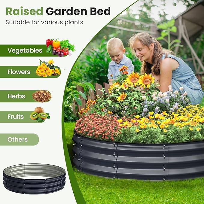 Galvanized Raised Garden Bed, 4x4x1 FT Round Raised Garden Bed for Gardening, Large Metal Planter Box for Vegetables Flower Herb(Midnight Gray)