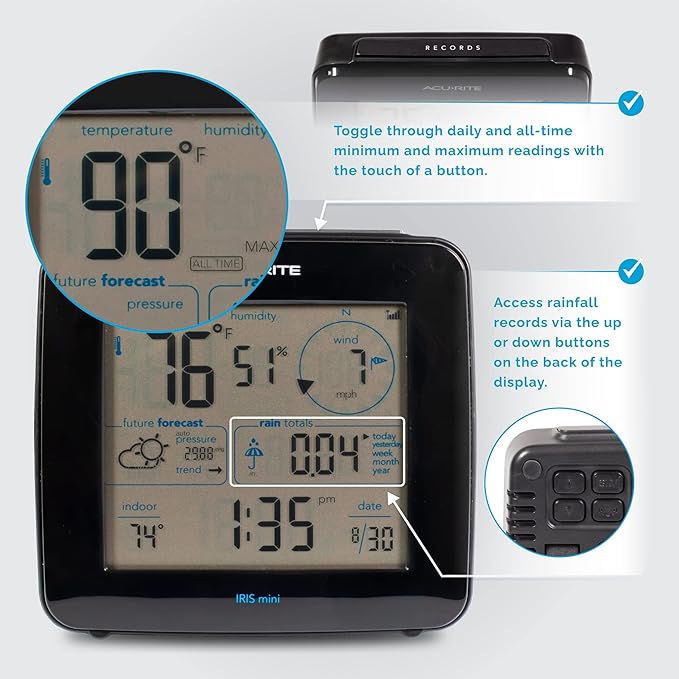 AcuRite Iris Weather Station with Mini Wireless Display for Temperature, Humidity, Wind Speed, Wind Direction, Historic Rainfall Totals, and Hyperlocal Forecast with Built-in Barometer (01122M)