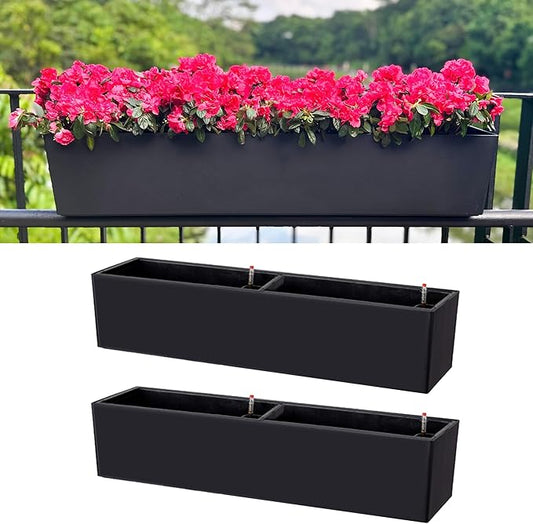 LaLaGreen Rail Planter Boxes for Outdoor (2 Pack, 40") Hanging Flower Pots with Bracket, Black Rectangular Self Watering System Deck Railing Herb Planters Outdoor Plants Container Rail Balcony Fence