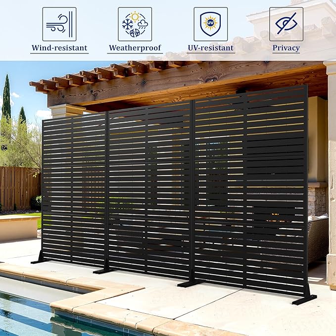Metal Privacy Screen with Stand 72" H×47" W Outdoor Freestanding Privacy Screen & Panels, Outdoor Privacy Screen for Deck Patio Balcony(Black-Louvered)