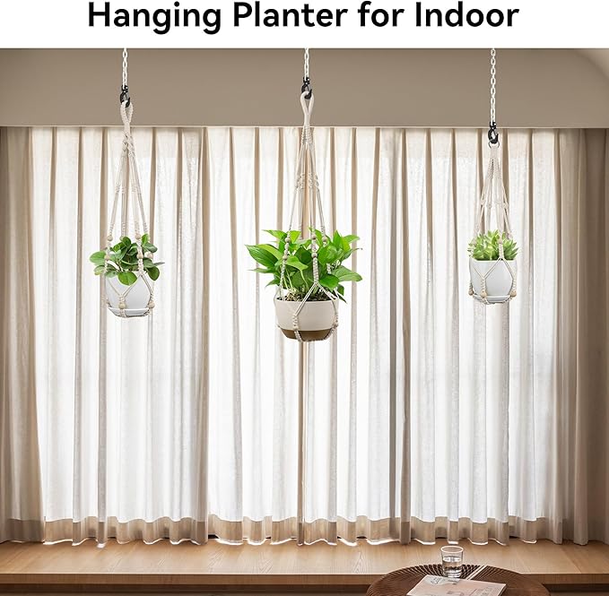 USLAI Macrame Plant Hanger Indoor Outdoor, Up to 4-15 inch Pot, Strong Hanging Planter Basket, Boho Home Decor, 23+29+35 Inch, Ivory (POTS NOT Included)