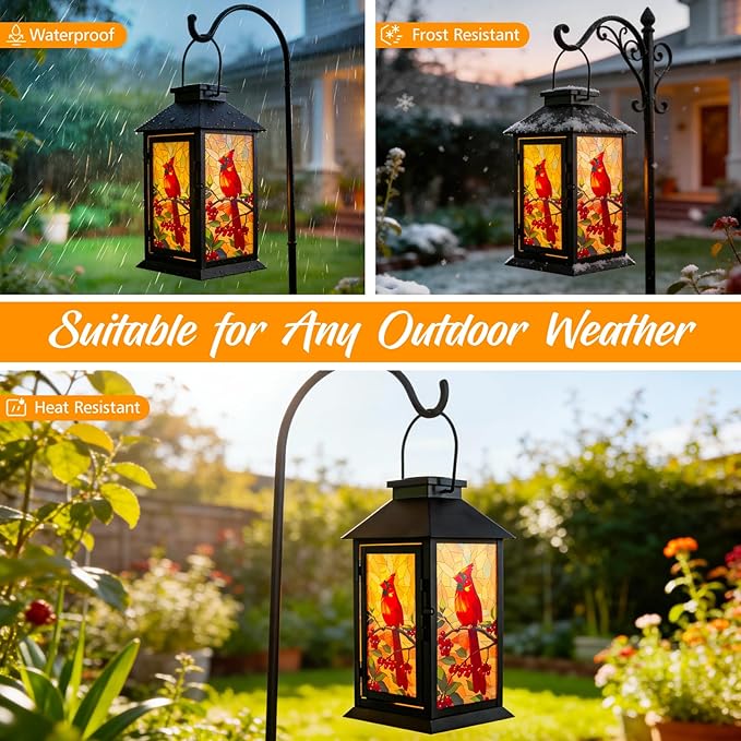 Cardinal Solar Memorial Lanterns, Outdoor Hanging Lanterns Waterproof LED Solar Cardinal Lights for Outdoor Patio Garden Sympathy Gifts for Loss of Mom Dad Loved One