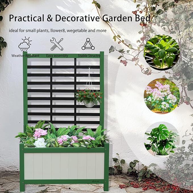 Raised Garden Bed Outdoor, Cedar Wooden Planter Boxes with Trellis, 17.7”L x 16.1”W x 27.6”H Raised Planter Box with Legs for Backyard, Patio, Balcony with Bed Liner (Green)
