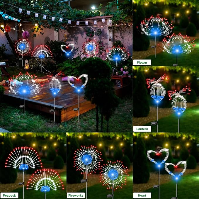 Solar Garden Lights Outdoor Waterproof, 2 Pack 120 LED Solar Firework Lights Decorative Garden Décor Outside for Flowerbed Pathway Party Christmas Decoration, Multicolor
