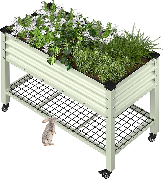 BlueWish 48"W x 24"D x 34"H Outdoor Galvanized Garden Bed, Elevate Raised Bedwith Detachable Black Liner, Rolling Casters, Storage Shelf, Movable Planter Boxes for Gardening, Vegetable, Flower, Beige