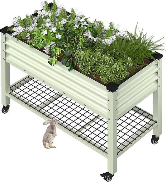 BlueWish 48"W x 24"D x 34"H Outdoor Galvanized Garden Bed, Elevate Raised Bedwith Detachable Black Liner, Rolling Casters, Storage Shelf, Movable Planter Boxes for Gardening, Vegetable, Flower, Beige