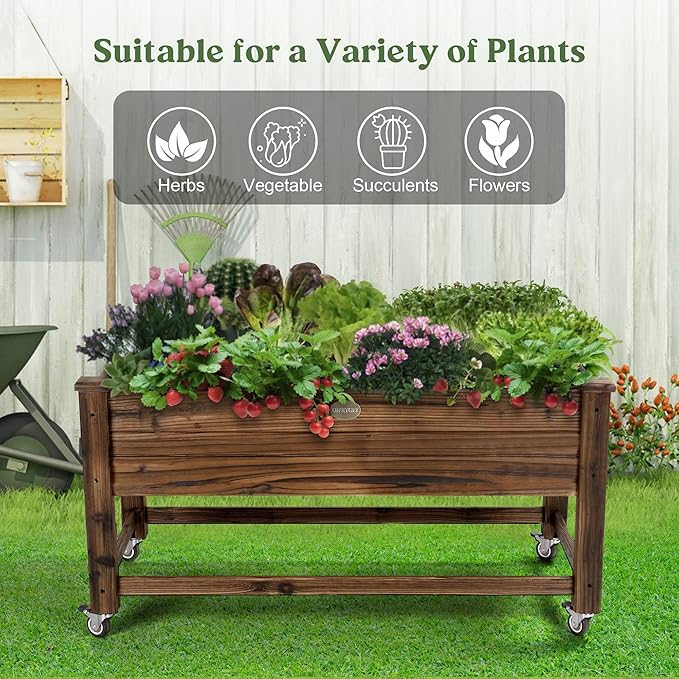 Cedar Wood Outdoor Raised Garden Bed Planter Box with Locking Wheels, 41x21x20 inch, Carbonization Color