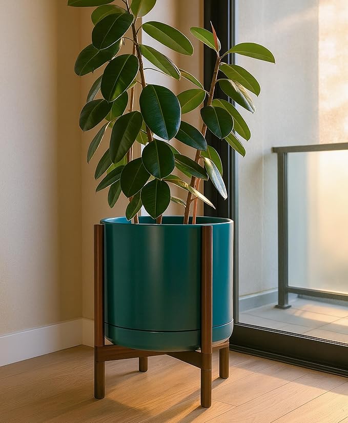 D'vine Dev Ceramic Planter with Walnut Color Stand - 14 Inch Modern Round Flower Pot with Wood Planter Holder, Teal, 55-B-T-4