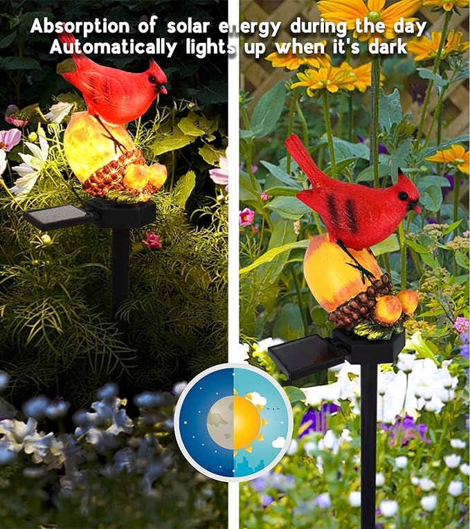 Cardinal Decor Solar Garden Decor Waterproof Red Bird Figurine Solar Stake Lights for Outside Yard, Patio, Lawn, Porch, Cemetery, Grave