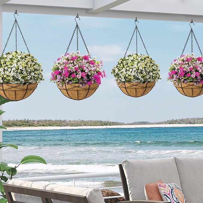 Hanging Planters for Outdoor Plants: 4 Pack 16 Inch Hanging Baskets Flower Pots with Coco Liners & Plastic Saucer Extra Large Deep Hanging Plant Holder for Porch Balcony Garden Décor