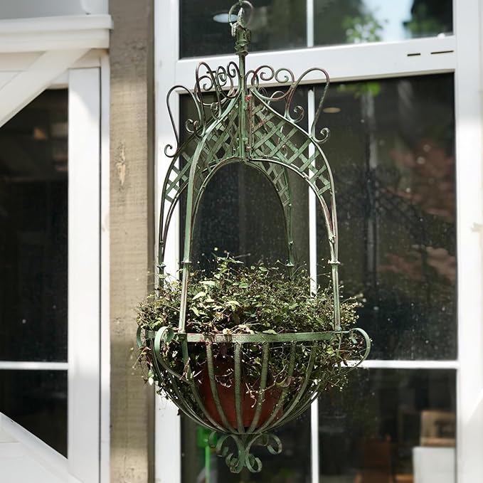 Large Hanging Planter for Outdoor Indoor Plants, 12.6-Inch Rustic Metal Hanging Basket for Farmhouse, Patio,Porch,Deck, or Garden, Green