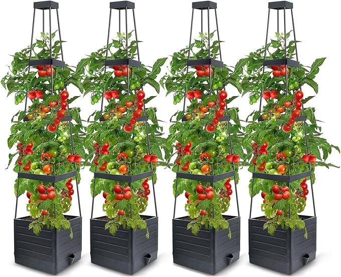4 Pack Raised Garden Bed Planter Box with Trellis, 57" Self-Watering Tomato Cage Planters for Climbing Plants Vegetable Vine Flowers Outdoor & Indoor (57x9.8x9.8IN)