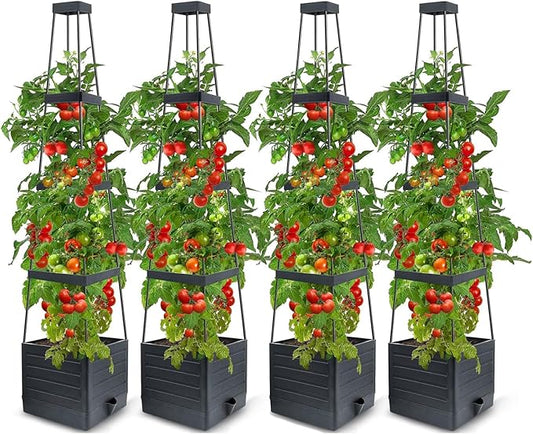 4 Pack Raised Garden Bed Planter Box with Trellis, 57" Self-Watering Tomato Cage Planters for Climbing Plants Vegetable Vine Flowers Outdoor & Indoor (57x9.8x9.8IN)