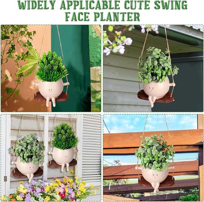 Suclain 2 Pcs Swinging Planter Pots Funny Planters Hanging Cute Planters for Women Gift Indoor Outdoor Resin Smile Faces with Drainage Holes Succulent Pot String of Pearls Plant Flower