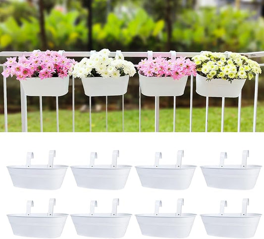 LaLaGreen Planter Boxes for Outdoor (8 Pack, 17 Inch) White Metal Deck Railing Hanging Flower Pots, Large Window Box Plant Holder Hooks Fence Rail Bucket Modern Countryside Boho Style Wall Mount Porch