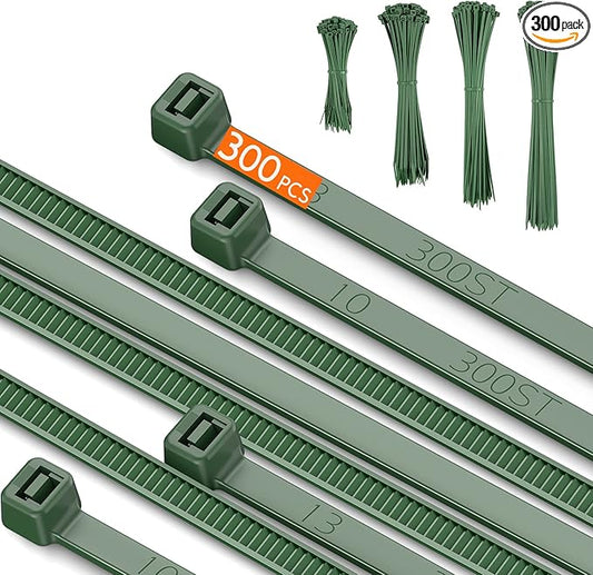 PA66 Green Zip Ties, 300pcs 12+10+8+4 Inch Heavy Duty Cable Zip Ties, Premium Self-locking Nylon Cable Plastic Ties Decoration Tie Wraps for Christmas Tree Gardening Plants Fence Grid Wall, Green