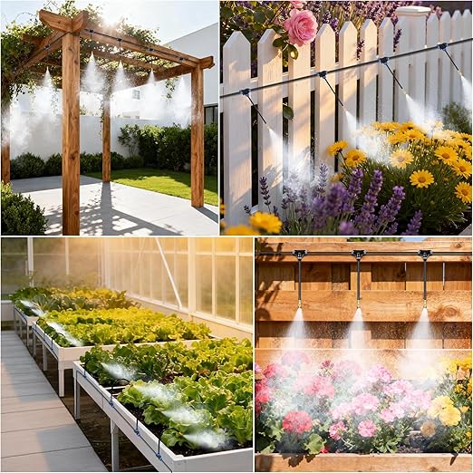 360° Adjustable Drip Irrigation System - 1/4" Tubing, 50FT Garden Watering Atomizing System with 15 Nozzles, Greenhouse Accessories for Yard, Lawn, Plants, Garden