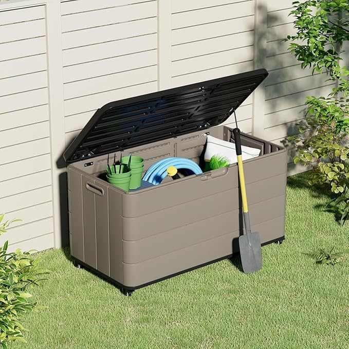 100GAL Square Storage Box (With Wheels) Grey，Wheeled Footlocker，Waterproof Resin Storage Bin for Patio Cushions