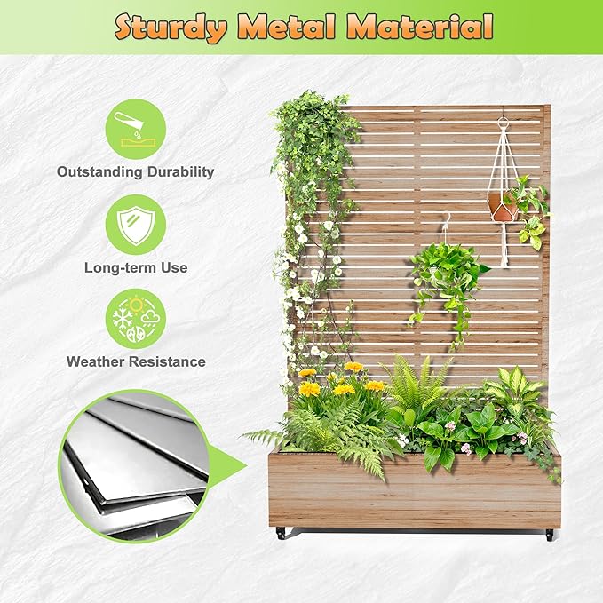 Metal Raised Garden Bed with Trellis, 2-in-1 Planter Box & Privacy Screen for Climbing Plants, Outdoor Standing Flower Bed with Drainage Holes, 47.2" L x 16.7" W x 70.8" H, Acacia Wood Grain