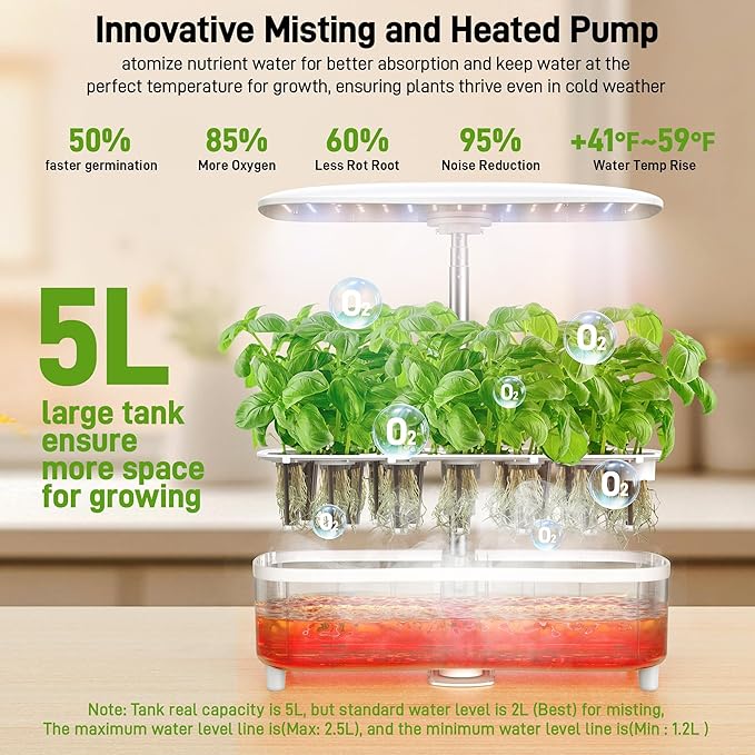 Hydroponics Growing System Kit 15 Pods Misting Herb Garden Indoor Garden Indoor Gardening System 5L Water Capacity 48W Grow Light Gardening Gifts for Women (White)