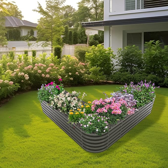 A ANLEOLIFE 4 Set Heart-Shaped Galvanized Raised Garden Beds Outdoor,81x81x18in Large Metal Planter Box for Planting Vegetables Flowers Herb, Anti-Rust & Easy-Setup, Quartz Grey