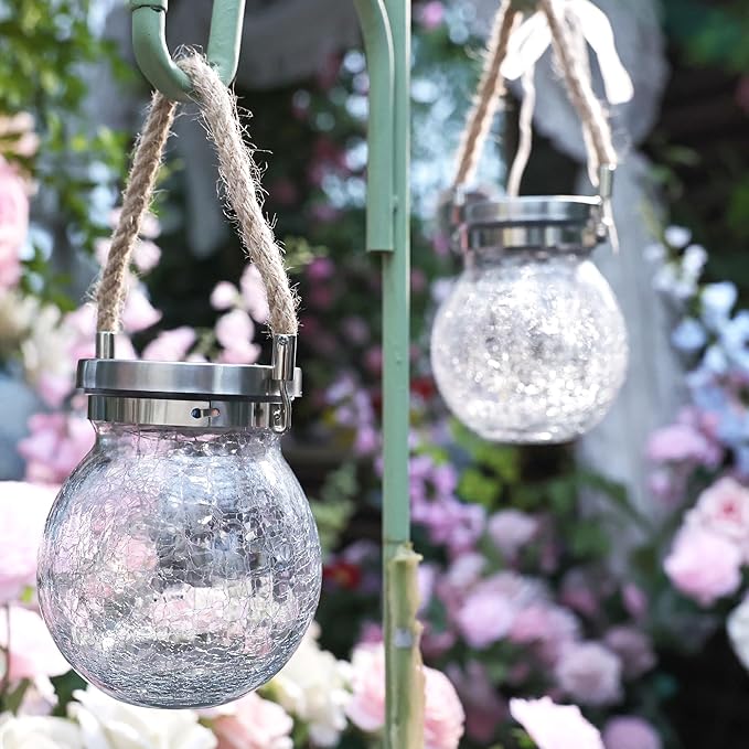 Cooo Christmas Gifts 2 Pack Solar Lanterns Waterproof Outdoor Heavy Crackle Glass 30 LED Warm Firefly Lights Stainless Steel Lid 215% Solar for Women Mom Grandma Outdoor Table Lamps Garden Yard Decor