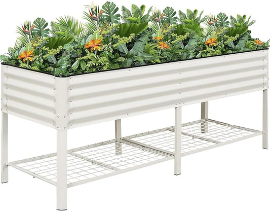 Elevated Raised Garden Bed 2' x 6'- Galvanized Metal Planter Boxes with Legs & Storage Rack, Outdoor Planters for Backyard/Patio/Balcony, with Drainage Holes for Vegetables, Flowers, Herbs, White