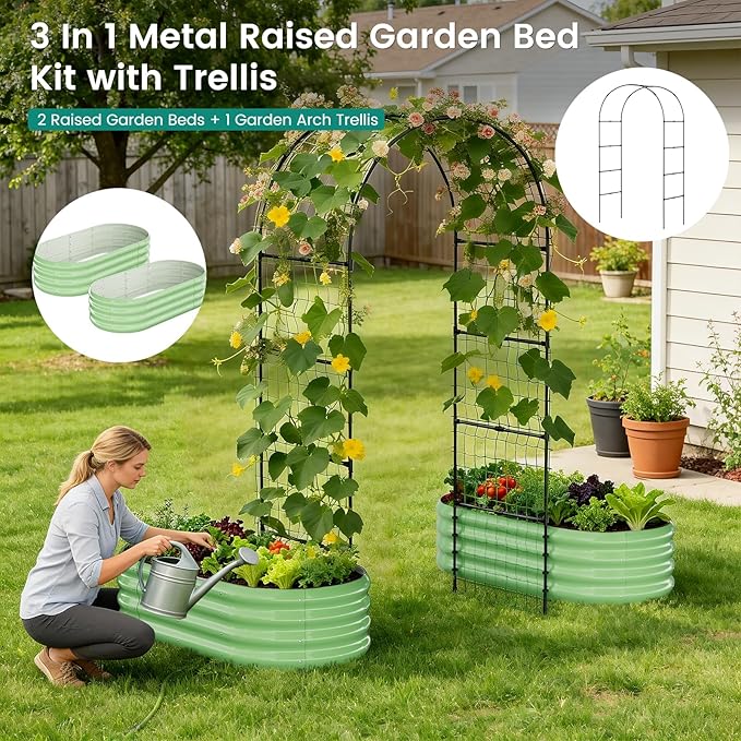 DoCred 3 in 1 Galvanized Raised Garden Bed, 2Pcs Garden Planter Box with 87" H Trellis for Climbing Plants, Outdoor Gardening Raised Beds with Climbing Net for Fruits, Vegetables, Flower (Green)