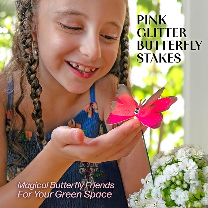 Handmade Glowing Pink Butterfly Garden Stakes - Set of 7 Premium 3D Hand-Painted Butterflies with Fluttering Spring Movement, Weatherproof Metal Rod, Outdoor Indoor Decor, Ideal Gift