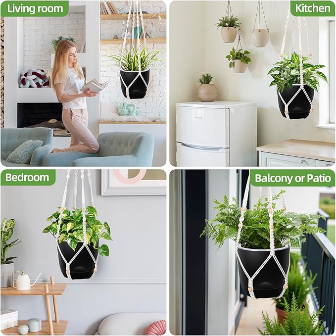 2-Pack 7.1-Inch Self-Watering Hanging Planters for Indoor & Outdoor Plants,34Inch Macrame Hanger Plant Pots Indoor with Drainage,Small Hanging Planters & Baskets,With Two Sets of Hooks（Pure black）