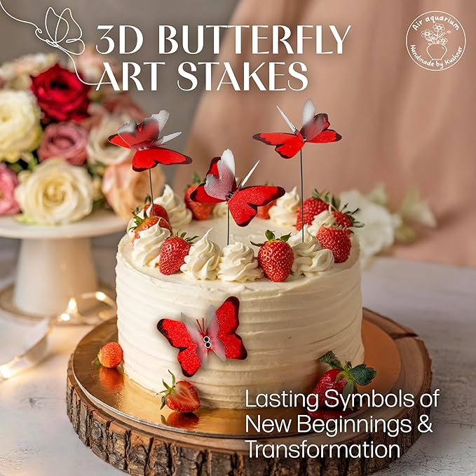 Handmade Red Butterfly Garden Stakes - Set of 7 Premium 3D Hand-Painted Butterflies with Fluttering Spring Movement, Weatherproof Metal Rod, Outdoor Indoor Decor, Ideal Gift