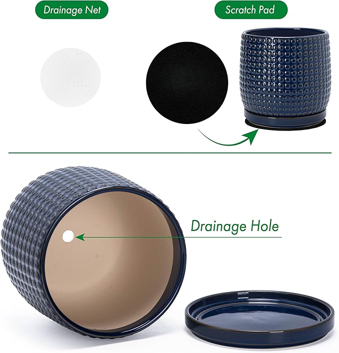 D'vine Dev 8 Inch Ceramic Beaded Stoneware Planter Pot - Flower Pot with Drainage Holes and Saucers for Indoor Succulent Plants or Flowers, Midnight Blue, 27-C-Q-3