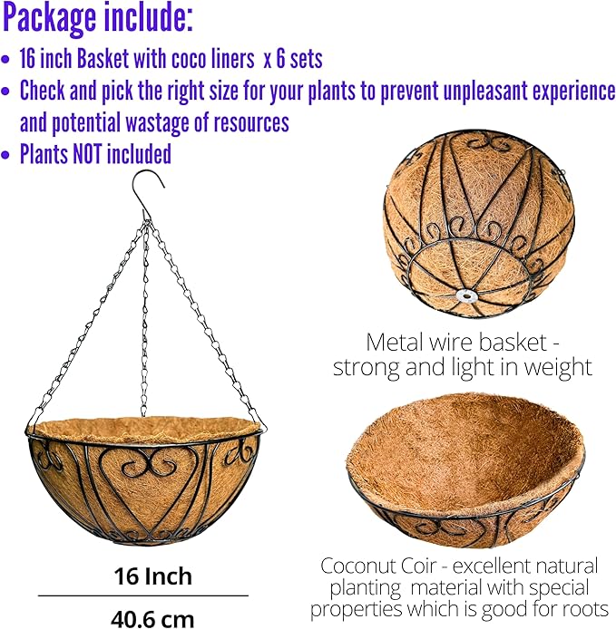 LaLaGreen Hanging Baskets for Plants (16 Inch, 6 Pack) Extra Large Hanging Flower Pot with Coco Liner Black Metal Wire Round Plant Holder with Hanger Hook Chain Outdoor Patio Deck Balcony Garden Decor