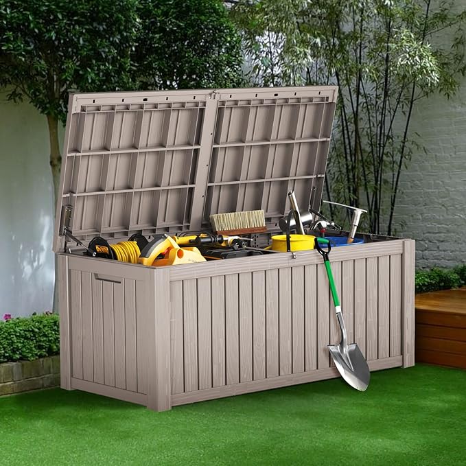 Mersco 150 Gallon Double-Wall Resin Deck Box - Lockable Waterproof Outdoor Storage Box, 1000lbs Capacity & Doubles as Seating for Patio Furniture - Garden Tools, Pool Accessories (Grey)