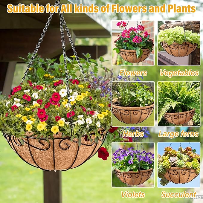 Legigo 6 Pack 12 Inch Metal Hanging Baskets for Plants Outdoor- Round Wire Hanging Planters Basket with Coconut Coir Liner, Hanging Flower Pot for Outdoor Plants Flowers Garden Decorations