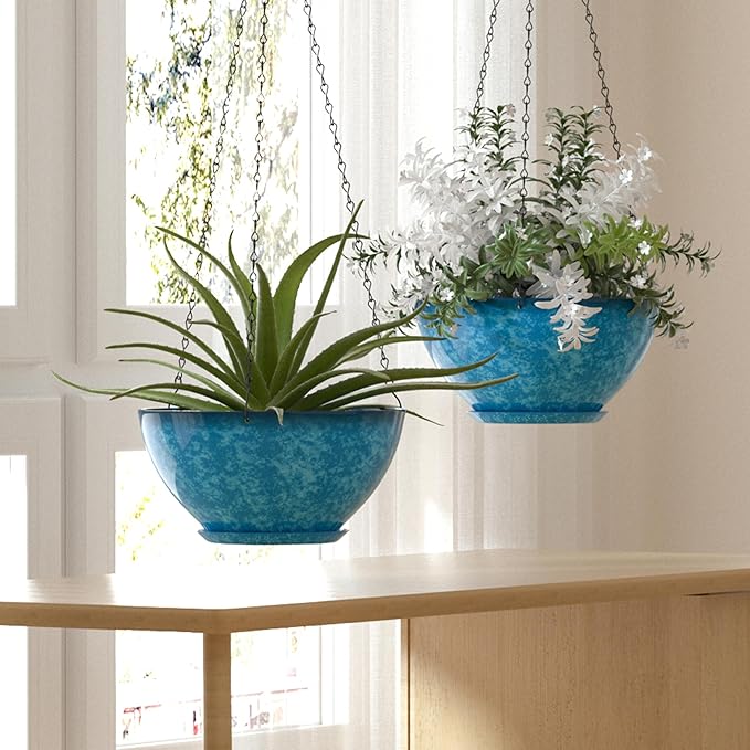 2 Pack 10 inch Hanging Planters, Plastic Hanging Plant Pots with Drainage Hole and Chain, Hanging Flower Pots for Outdoor Indoor Plants (Snowflake Blue)