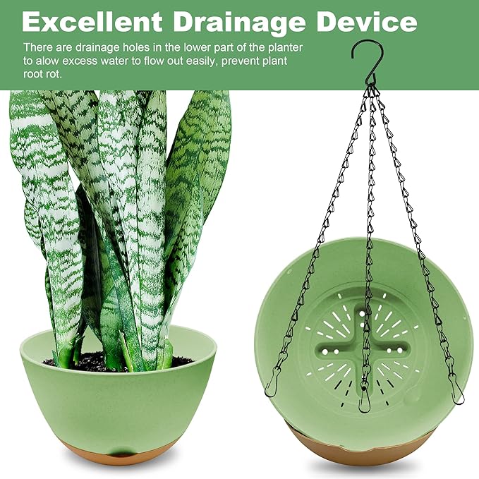 2 Pack Hanging Planters for Outdoor Plants,10 Inch Hanging Pots for Plants Indoor,Plastic Hanging Plant Pots for Outside with Drainage Hole and Removable Saucer for Garden Home